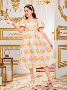 SHEIN Tween Girl's Loose Fit Casual Round Neck Bubble Sleeve Dress - Gold - View 6