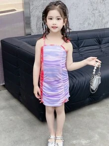Young Girls' Tie-Dye Pleated Drawstring Strap Dress - Multicolor - View 1