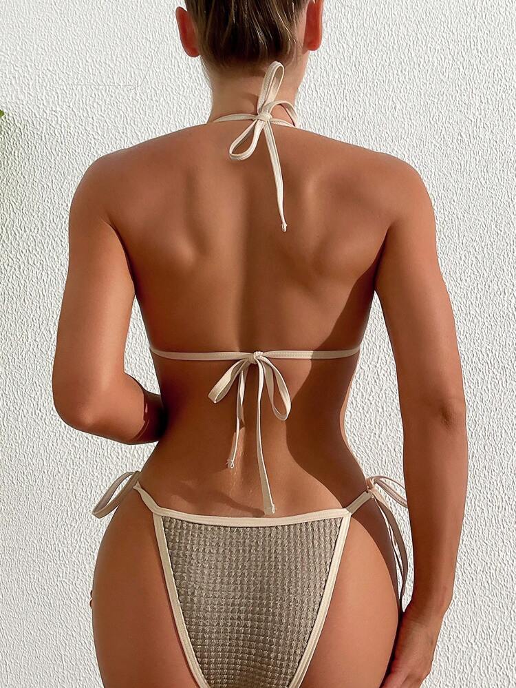 2pcs Solid Color Sexy Halter Triangle Pattern Top And Plain Beading Detail Swim Trunks/Bikini Set, Mommy And Me Matching Outfits(2 Sets Are Sold Separately), Summer Beach