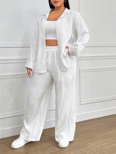 SHEIN EZwear Plus Size Solid Color Textured Shirt & Wide Leg Pants Set