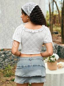 Soleia Round Neck Short Sleeve Tie Front Short T-Shirt With Frilled Hem