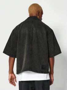 SUMWON 宽版型立领牛仔衬衫 - 黑色 - 查看 2