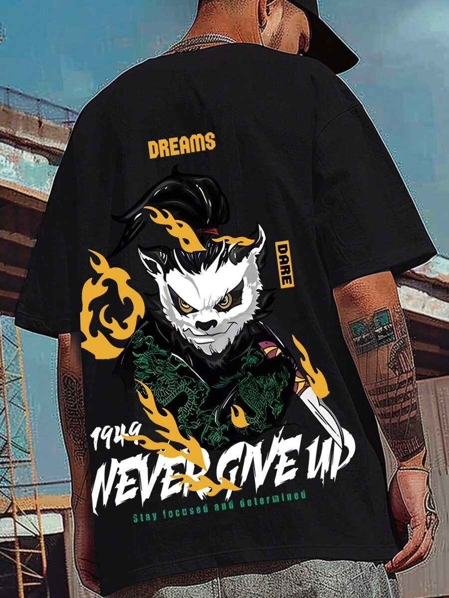 Manfinity Homme 男士大码卡通和字母圖案T恤 - 黑色 - 查看 1