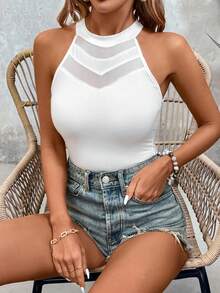 SHEIN LUNE 网眼撞色修身无袖背心 - 白色 - 查看 6