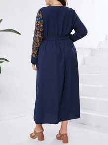 Seusyu Talla Grande Vestido De Parches Suelto Con Estampado Floral Y Cuello En V - Azul - Ver 3