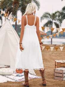 Breezaya Solid Color Fringe Hem Tassel Pair Dress Dress - White - View 2