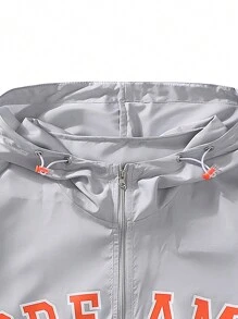 Men's Letter Print Zip Up Drawstring Hooded Jacket - Light Grey - View 3