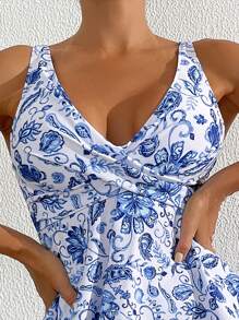 Swim Lushoire Women's Printed Tankini Set With Random Print Tank Top And Strap Tankini, Purchased Material Summer - Multicolor - View 3