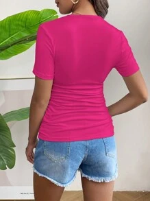 SHEIN 側邊褶飾孕婦純色修身 T 卹 - 玫紅色 - 查看 2