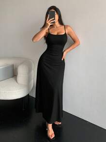 DAZY Einfarbiges langes, schlank geschnittenes Trägerkleid mit Gürtel für Damen als Sommerkleid - Schwarz - Übersicht 3