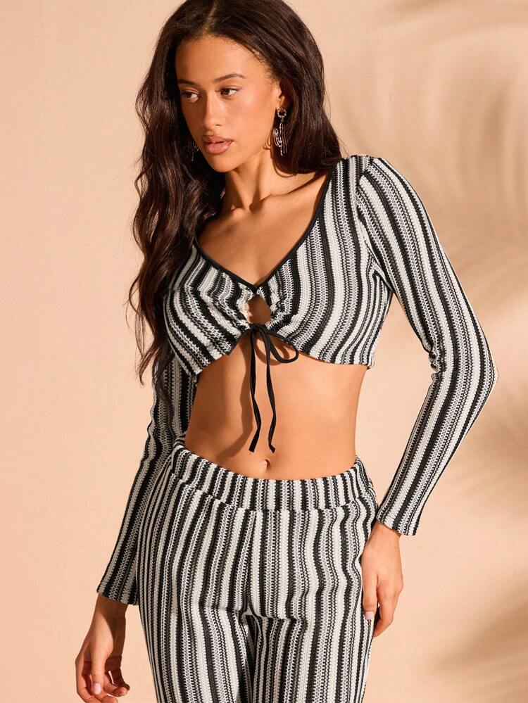 Black & White Crochet Vacation Style See-Through Tie Front Top