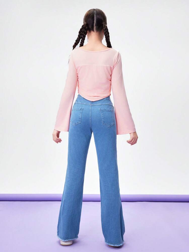 Teen Girl Casual, Comfortable And Simple Ruffle Solid Color Bell Sleeve Top And Pants Set