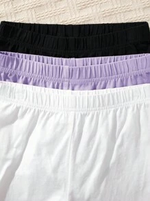 SHEIN Bộ quần short đơn giản dệt kim 3 món cho bé gái tuổi mới lớn mùa xuân/hè - Màu tím - Xem 3