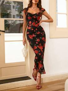 Aveloria Kwiatowy nadruk Pofałdowany Dopasowana sukienka