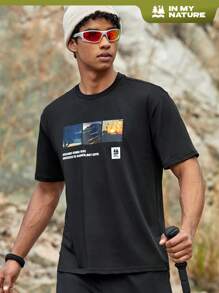 Manfinity Sport Corelite 男士戶外景觀與標語印花t恤 - 黑色 - 查看 1