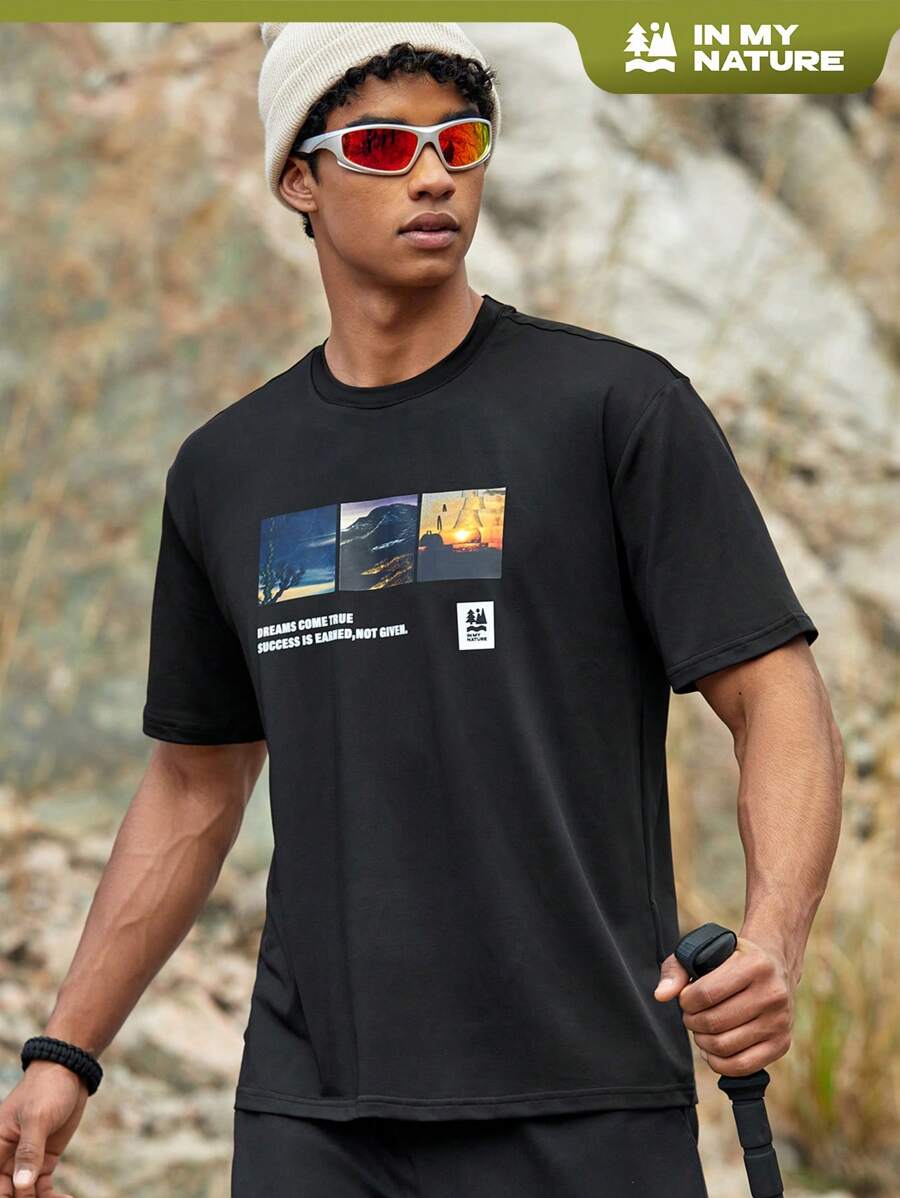 Manfinity Sport Corelite 男士戶外景觀與標語印花t恤 - 黑色 - 查看 1