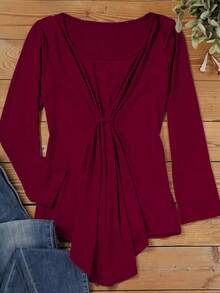 實色褶皺t恤,休閒圓領長袖t恤,女裝