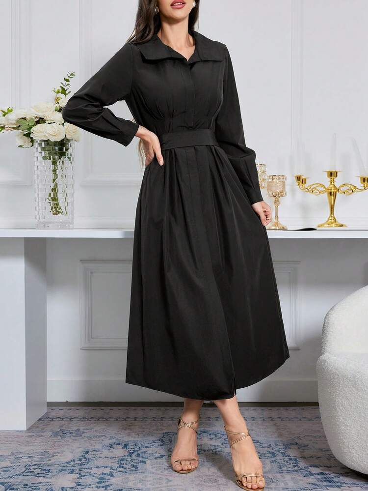 Women's Solid Color Long Sleeve Lapel Collar Belted Dress