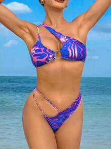 SHEIN Swim Women's One-Shoulder Cut-Out Sleeveless Bikini Set With Marble Print Summer Beach - Multicolor - View 1