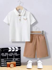 SHEIN Young Boy Leisure Polo Collar Short Sleeve Shirt And Shorts Set