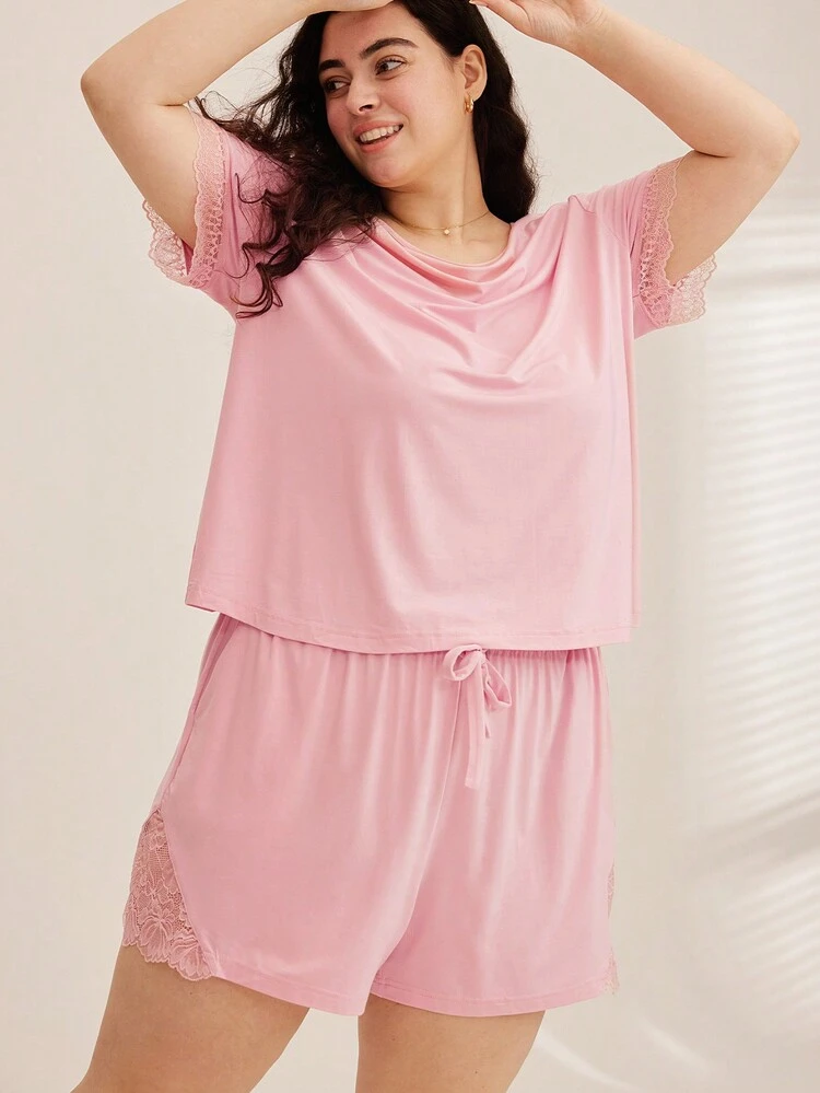Conjunto de pijama corto rosa de TENCEL™ Modal súper suave para mujer talla grande, conjunto de lencería y pantalón corto para uso en el hogar