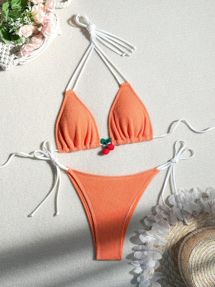 Solid Color Textured Halter Neck Bikini Set Summer