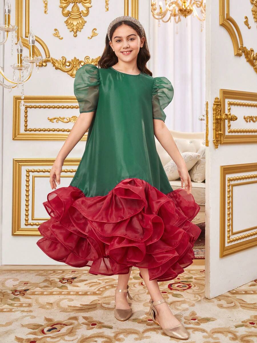 SHEIN 青少女寬鬆休閒色塊荷葉邊連衣裙 - 綠色 - 查看 1