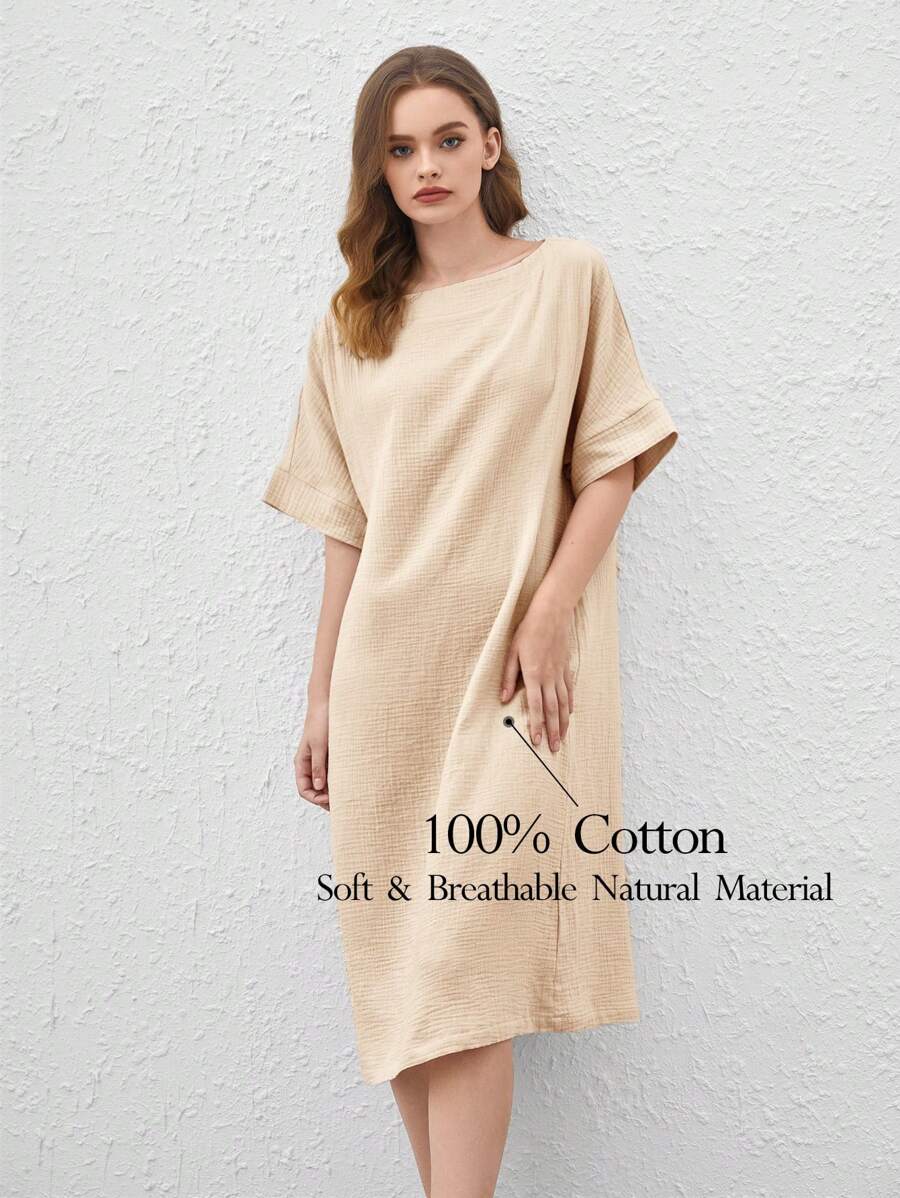 Ocili 女士純色蝙蝠袖及膝家居連身裙 - 卡其色 - 查看 1