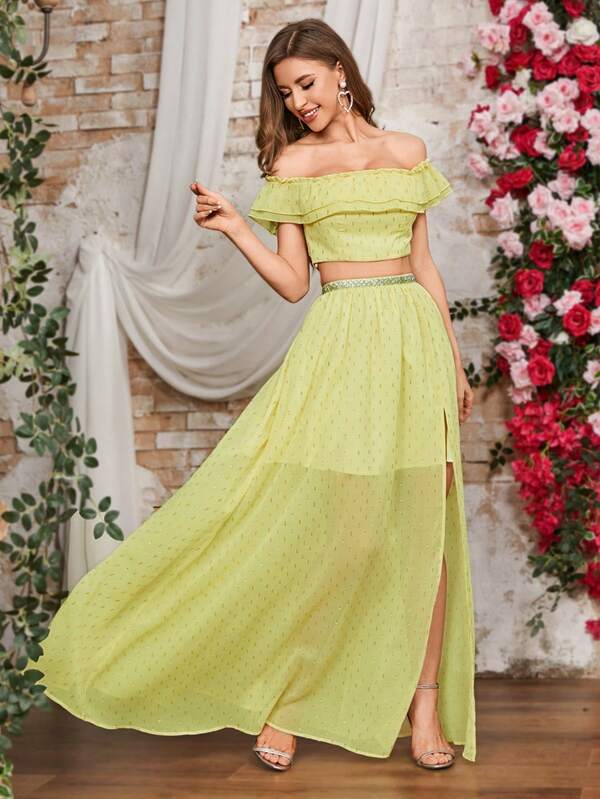 Double Crazy Conjunto De Top Con Hombros Descubiertos Y Falda Con Volantes Para Mujer