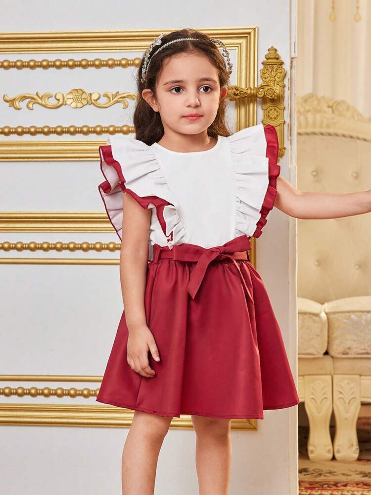 Young Girl Adorable Round Collar, Colorblock Top With Ruffled Trim And Skirt Set