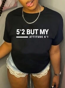 SHEIN Camiseta de manga corta con estampado de letras y números para hombres de talla grande, Camisetas gráficas con texto "Soy de 1,58 m pero mi actitud es de 1,85 m" para mujeres, para el verano