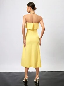 GENKIRA Asymmetrical Hem Strapless Dress With Gathered Waist - Mustard Yellow - View 2