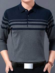 男士春秋對比條紋針織polo衫 - 灰色 - 查看 1