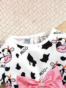 2 Pezzi Set Abito Maniche Corte Carine Con Motivo A Mucca Cartoon E Fasce Per Capelli E Fiocco Abbinato Per Bambine, Abiti Estivi