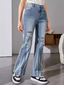 Teen Girl Washed Ripped Flare Jeans - Medium Wash - View 5