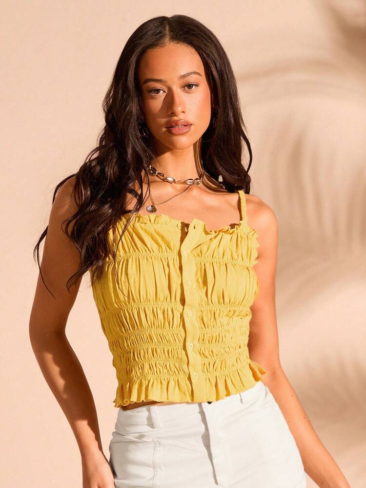 New Arrival Solid Color Frill Decorated Front Button Camisole Top