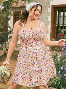 Dreamara Plus Size Floral Print Spaghetti Strap A-Line Dress With Cinching Waist Spring Dress Pink Women Dresses Summer Dress Summer Dress Maxi Women Dresses Junior Dresses Country Concert Outfit Colorful Dress Casual Women Dresses Vacation  Romantic Ruffled Edges - Multicolor - View 3