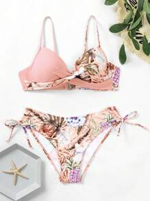 Swim Vcay Summer Beach Plant Print Spaghetti Strap Bikini Set With Detachable Bottom - Pink - View 3