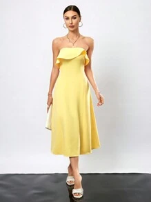 GENKIRA Asymmetrical Hem Strapless Dress With Gathered Waist - Mustard Yellow - View 1