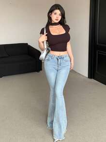 DAZY Women's Solid Color Hollow Out Slim Fit Cropped T-Shirt - Brown - View 5