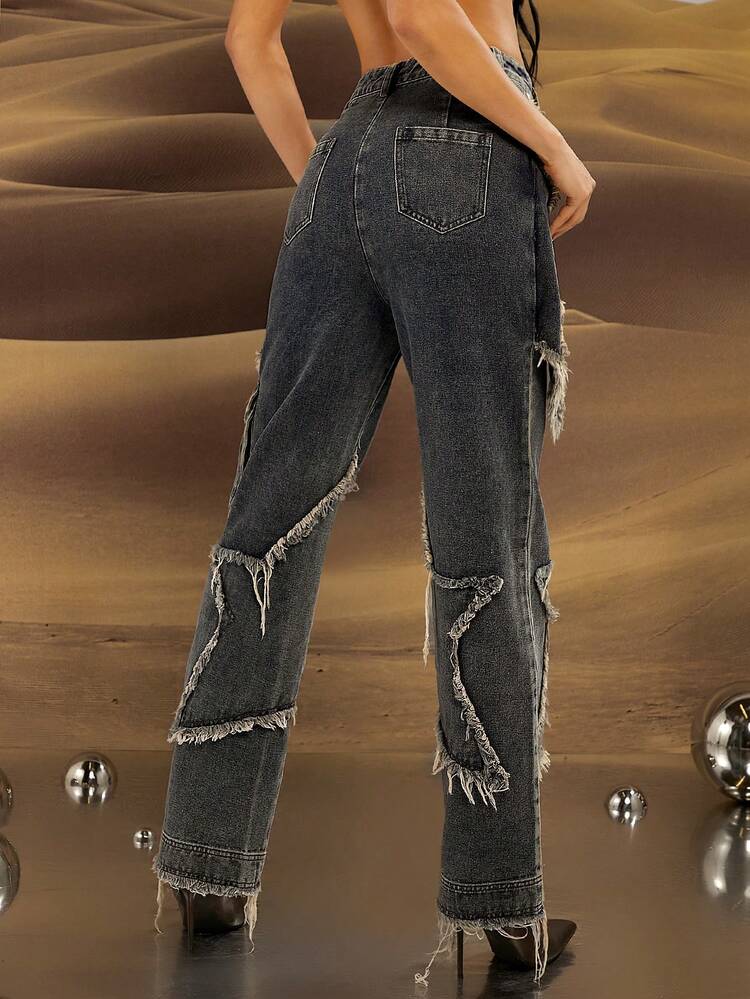Star Frayed Wide Leg Cargo Jeans