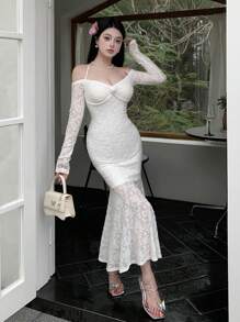 DAZY 女士蕾丝长袖A字型正式派对/返校礼服优雅吊带裙，秋季连衣裙 - 白色 - 查看 8