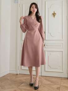 DAZY Women's Solid Color Surplice Neck Lantern Sleeve Dress,Fall Dress - Pink - View 1