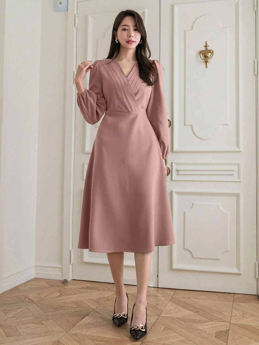 DAZY Women's Solid Color Surplice Neck Lantern Sleeve Dress,Fall Dress - Pink - View 1