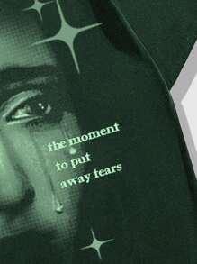 ROMWE MEN Grunge Punk Men's Portrait Printed Short-Sleeved T-Shirt, Suitable For Daily Wear In Spring And Summer, School - Green - View 3