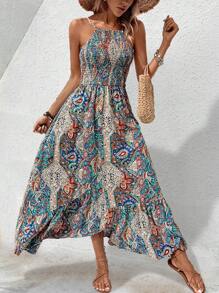 SHEIN VCAY Của phụ nữ In Áo nịt ngực xếp ly dây rút Dải mỏng Đầm - Màu xanh lam - Xem 1