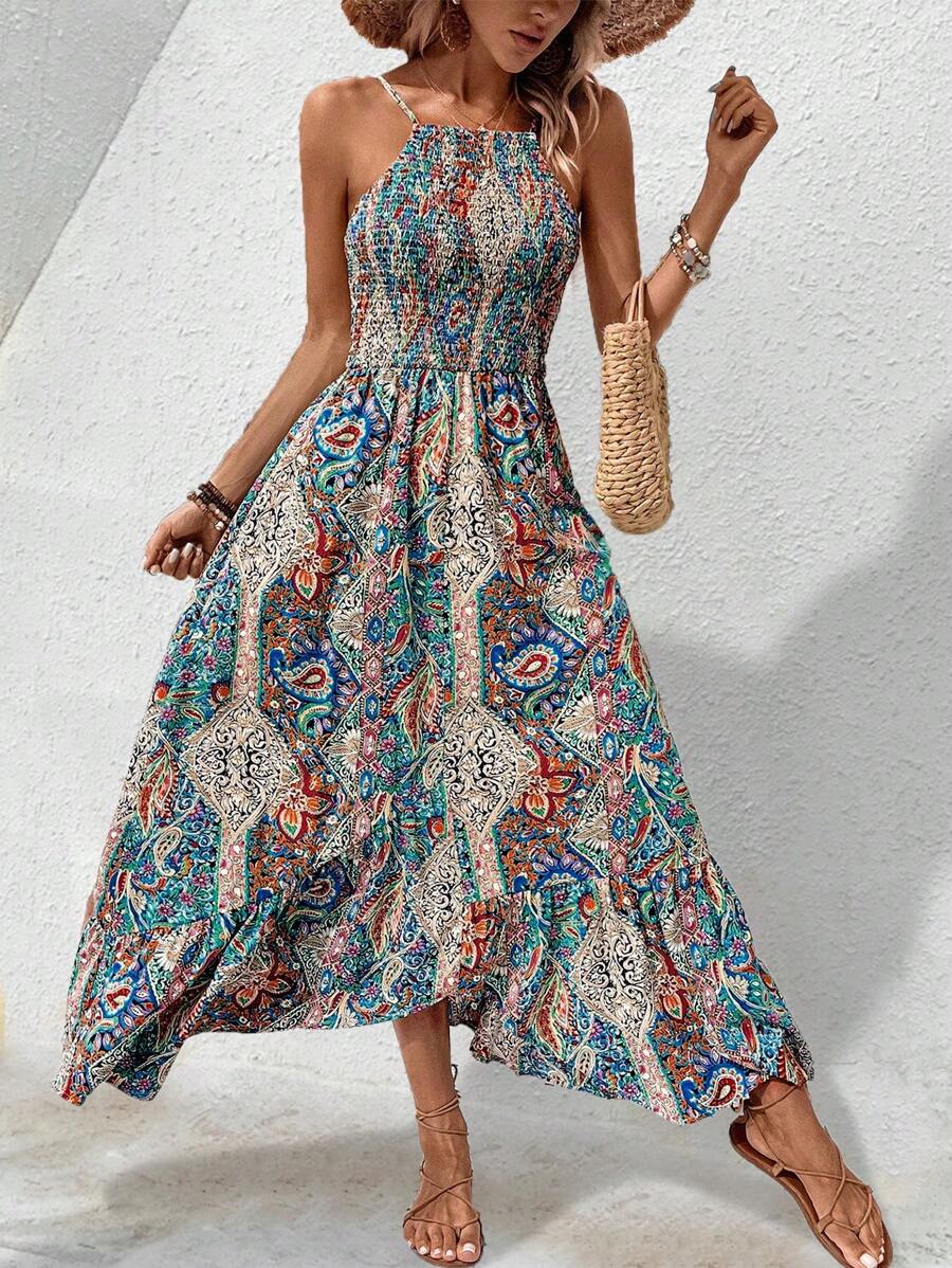 SHEIN VCAY Của phụ nữ In Áo nịt ngực xếp ly dây rút Dải mỏng Đầm - Màu xanh lam - Xem 1