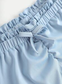少女簡約休閒可愛荷葉邊背心上衣和短褲套裝 - 淺藍色 - 查看 7