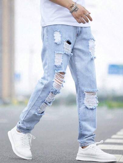 Jeans de mezclilla rasgados de algodón para hombres, pantalones rectos de pana con bolsillos, color azul para fiesta y uso casual