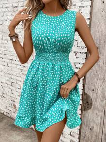 Breezaya Sleeveless Vest-Style Women's Dress - Waist-Cinched Shirring Design, Stone Flower Printed Fabric Slimming Midi Dress; Solid Color Spaghetti Strap Halter Neck Women's Dress